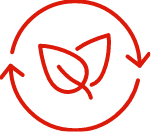 Rotes Nachhaltigkeits-Icon mit zwei Blättern und Pfeilen im Kreis